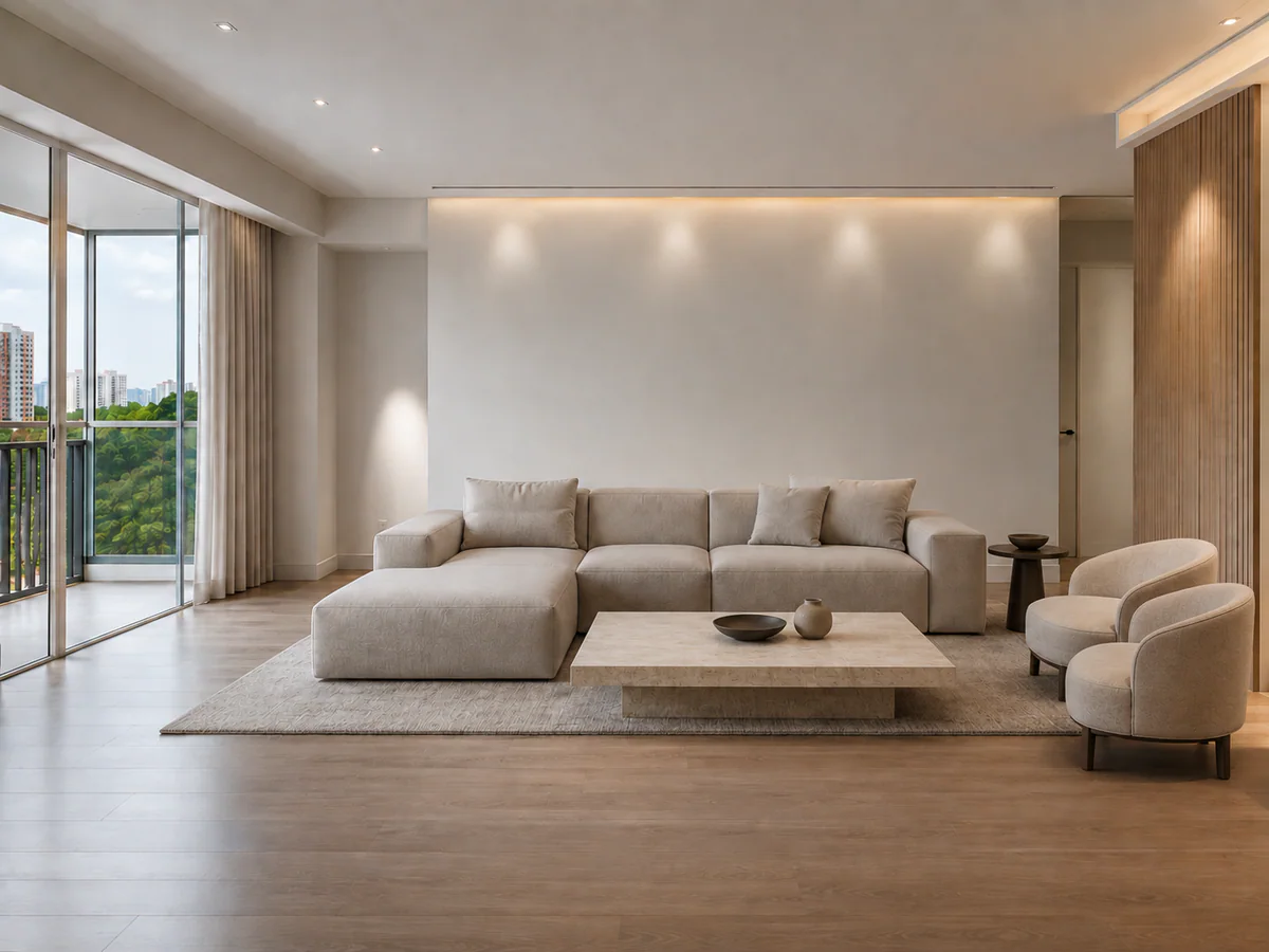 Sala com composição intermédia de mobiliário e decoração.