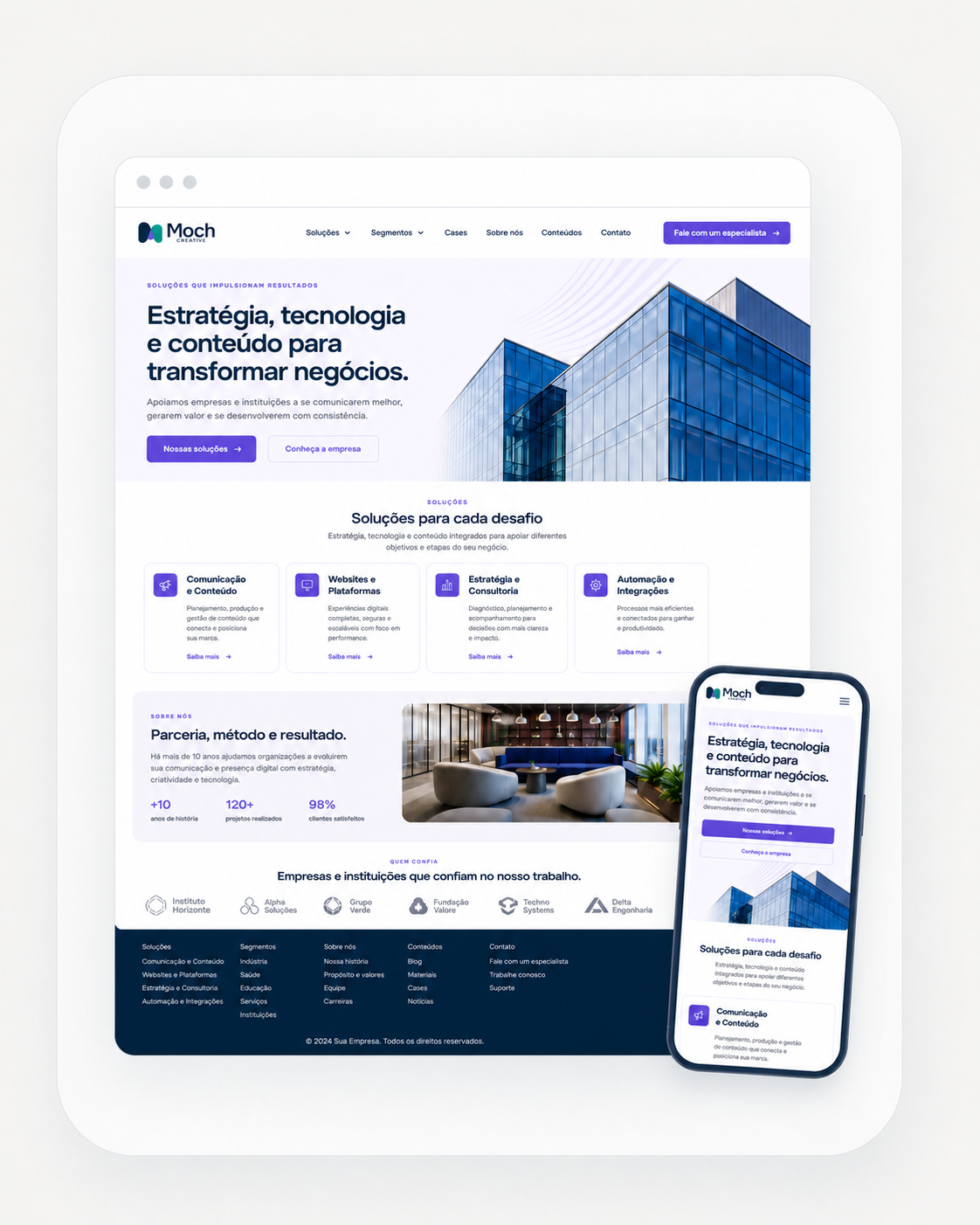 Pré-visualização responsiva de uma landing page em browser e smartphone.